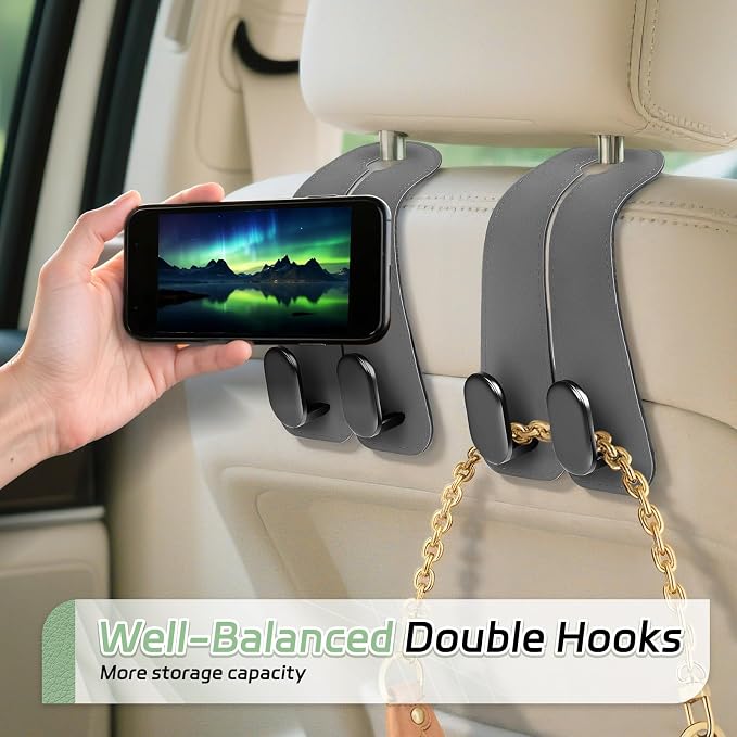 Car Seat Headrest Hooks, 2PCS Universal Car Purse Hook Leather Car Bag Hook | Gray Car Bag Purse Holder with Double Metal Hooks for Handbags, Grocery Bags, Bottles, Phones - Image 4