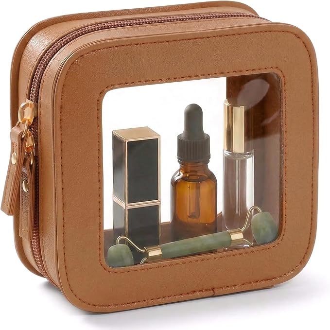 Clear Makeup Brush Bag Pouch, Waterproof PU Leather Portable Makeup Bag Holder with Transparent Window, Travel Lipstick Case Pouch Car Organizer and Storage, Square, Brown by LETGO
