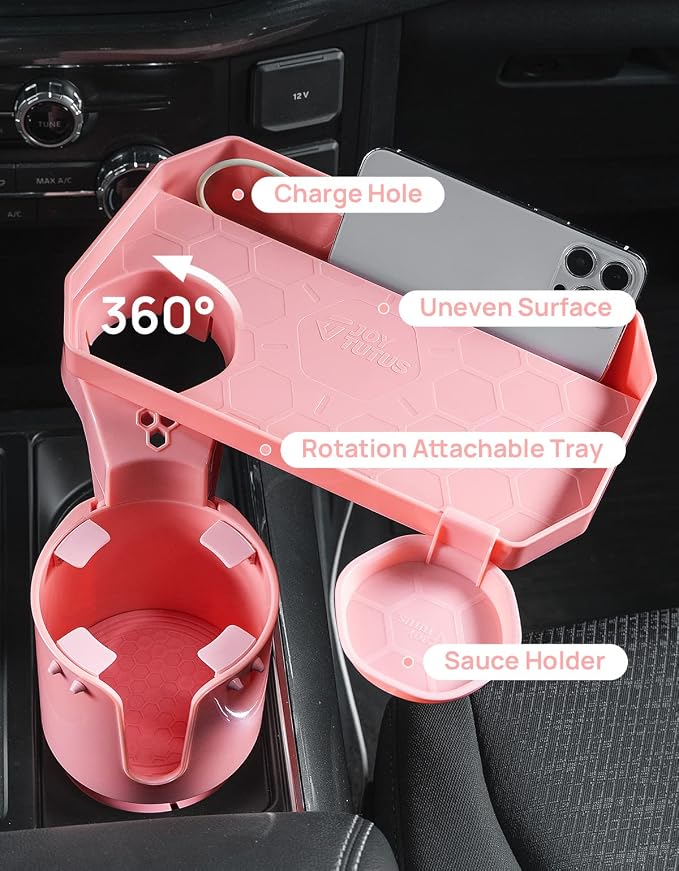 JoyTutus Cup Holder Tray for Car, Car Cup Holder Expander with 360°Rotation Tray, Large Cup Drink Holder Fit for Yeti/Hydro Flask, Detachable Food Tray Table, Pink Car Accessories - Image 3
