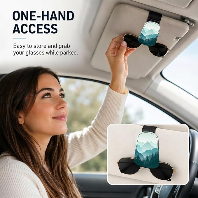 Leather Magnetic Sunglass Holder for Car Sun Visor, Cute Eyeglass Ticket Card Hanger Clip, Universal Auto Interior Accessories for SUV Pickup Truck, Green Mountain - Image 2