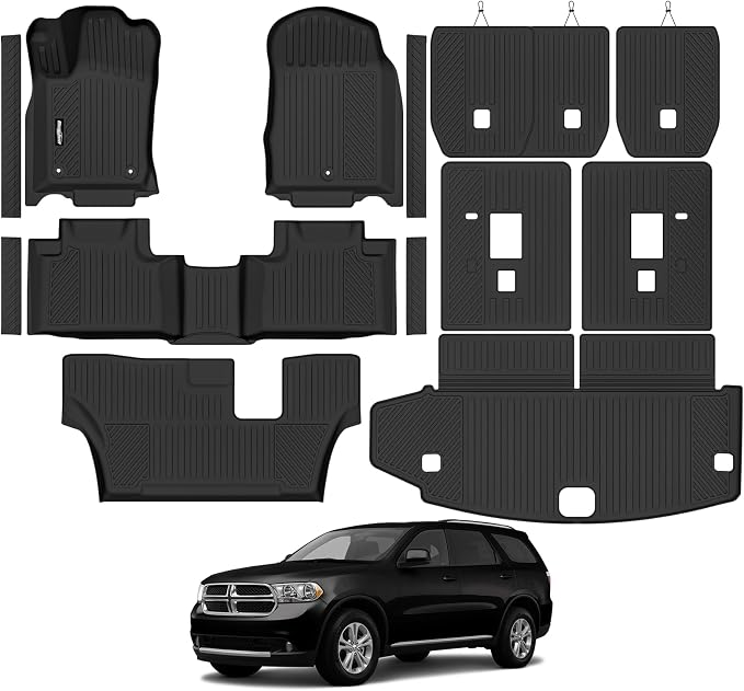 Floor Mats for 2011-2012 Dodge Durango 7 Seats/Bench Seats | Trunk Mat and 2nd/3rd Backrest Mat & Door Sill Guard All Weather TPE Protector Full Set Interior Accessories Floor Liners by Bingoliner