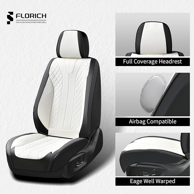 FLORICH Waterproof Front Car Seat Cover Faux Leather Automotive Seat Cover Front Car Seat Cushion Car Seat Protector Accessories Universal Fit for Most Cars SUV Trucks, Black&White - Image 3