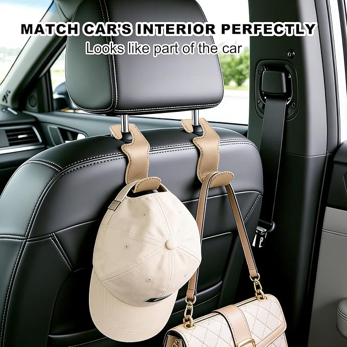 EldHus Car Seat Hooks for Purses and Bags, 4 Pack Car Purse Holder for Grocery Bag Handbag Clothes, Metal Headrest Hooks Covered by Leather, Beige - Image 2