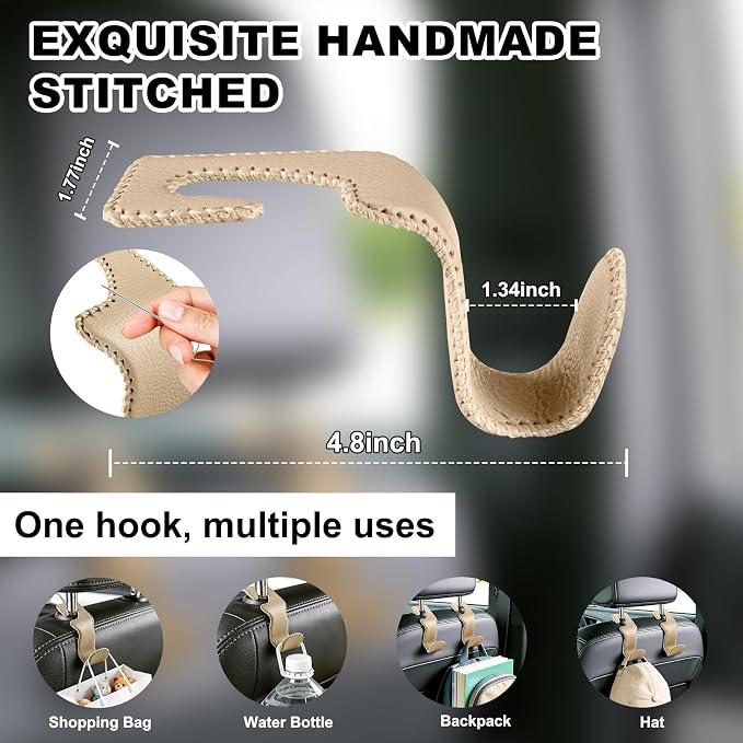 EldHus Car Seat Hooks for Purses and Bags, 4 Pack Car Purse Holder for Grocery Bag Handbag Clothes, Metal Headrest Hooks Covered by Leather, Beige - Image 4