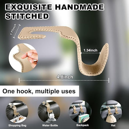 EldHus Car Seat Hooks for Purses and Bags, 4 Pack Car Purse Holder for Grocery Bag Handbag Clothes, Metal Headrest Hooks Covered by Leather, Beige - Image 4