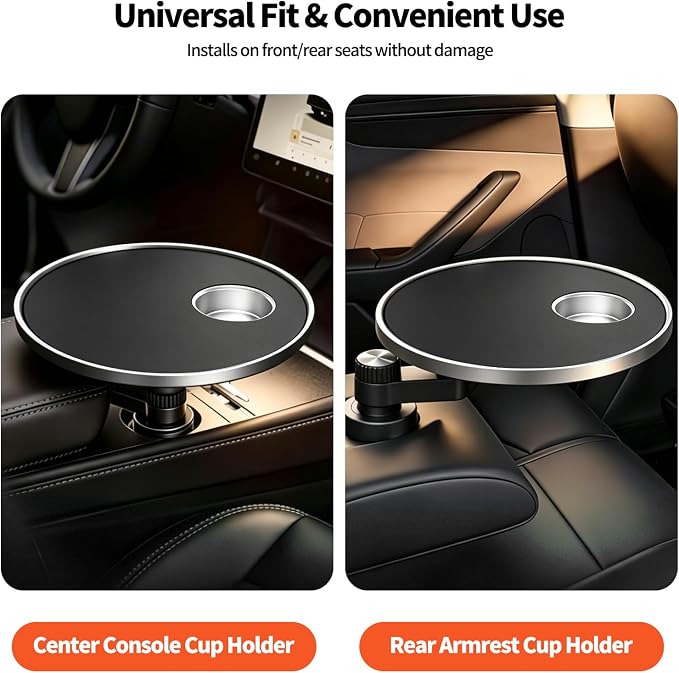 360° Rotating Round Car Desk Laptop Table for Tesla/Ford | ABS Cup Holder Tray for Working & Eating for Tesla Model Y/3/S, for Ford Explorer Maverick Most Vehicles Accessories (Black) - Image 3