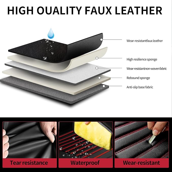Fit Frontier Car Seat Covers for Nissan Frontier 2009-2026 - Upgraded Premium Waterproof & Breathable Leather, Airbag Compatible, All-Weather Seat Cushion Protector (2 Front/Black+Red) - Image 5