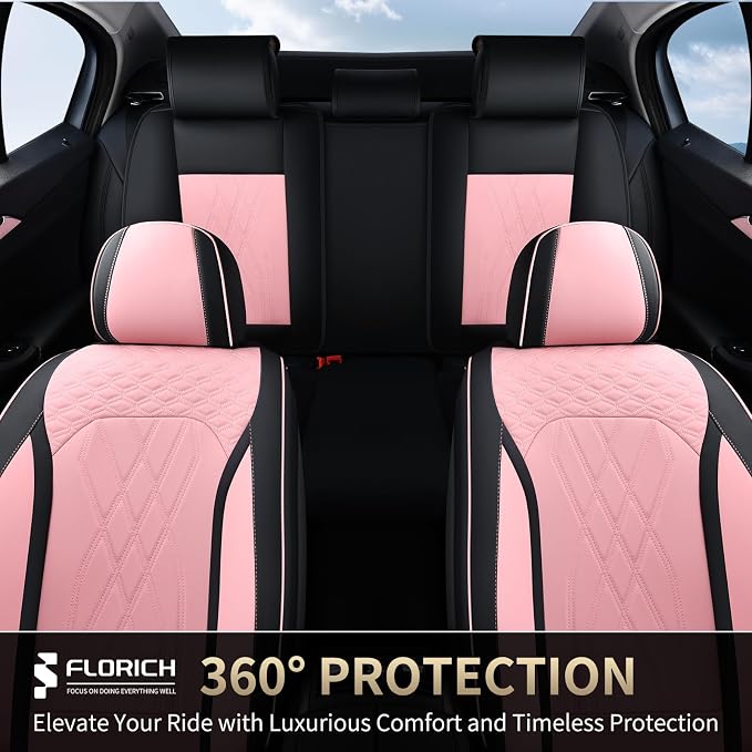 FLORICH Leather Cars Seat Covers Full Set Pink Car Seat Covers Front and Rear Seat Covers for Car Waterproof Vehicle Seat Interior Cover Universal Fit for Most Car Truck SUV, Black&Pink - Image 8