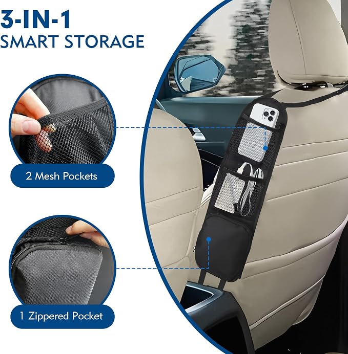 Car Organizer Front Seat, 2PCS Multi-Pocket Car Storage Organizer with Mesh Net, Durable Car Camping Essentials, Universal Car Seat Side Organizer for Cars, SUV & Truck(Black) - Image 5