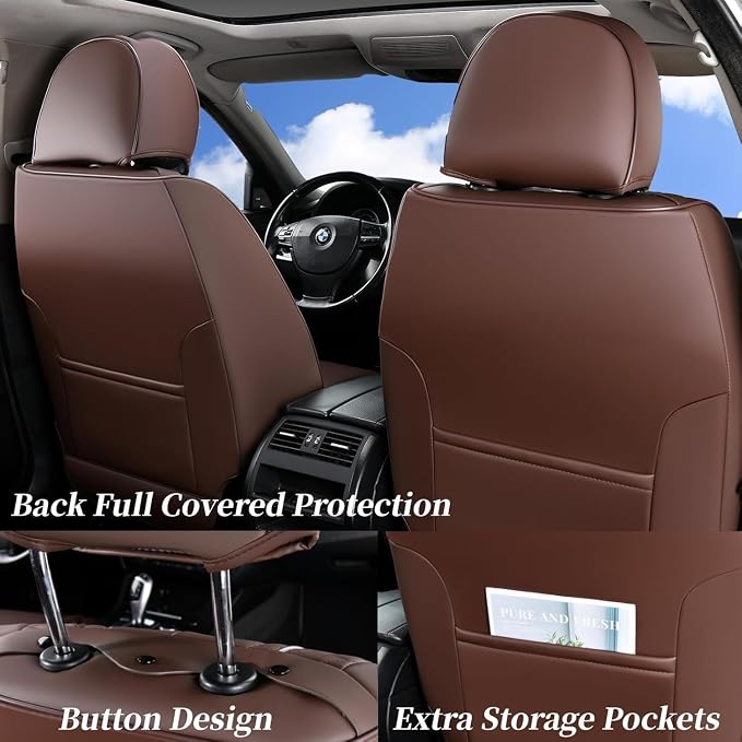 Coverado Car Seat Covers Full Set, Leather Seat Coversfor Cars, Front and Back Seat Covers, Waterproof Car Seat Protectors Car Seat Cushions Universal for Most Vehicles, Coffee - Image 3