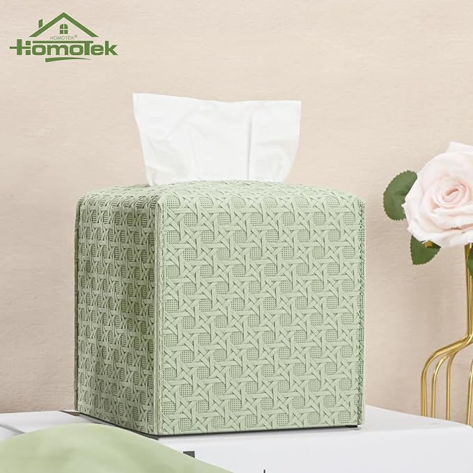 HOMOTEK 2 Pack Tissue Box Cover, Square PU Leather Tissue Holder, Decorative Facial Tissue Cube Paper Organizer Dispenser for Bathroom, Night Stands, Desk, Car 5X5X5'' - Rattan Weave,Mint Green - Image 5
