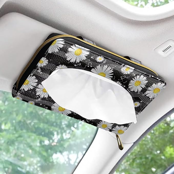Biyejit 2 Pack Car Tissue Holder, Music Daisy Car Decorative Hanging Napkin Case, PU Leather Tissue Box for Car Sun Visor, Backseat - Image 2