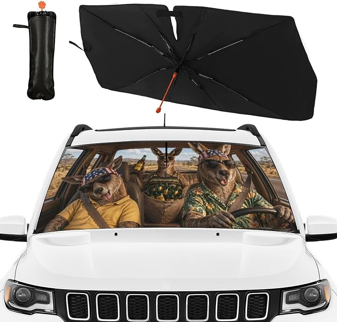 Kangaroo Car Windshield Sun Shade Umbrella Bendable Handle Foldable Funny Beer Kangaroo Sunshade for Car Windshield Block UV Rays Keep Vehicle Cool for Most Sedans SUV Trucks Cars 57"x30" - Image 3