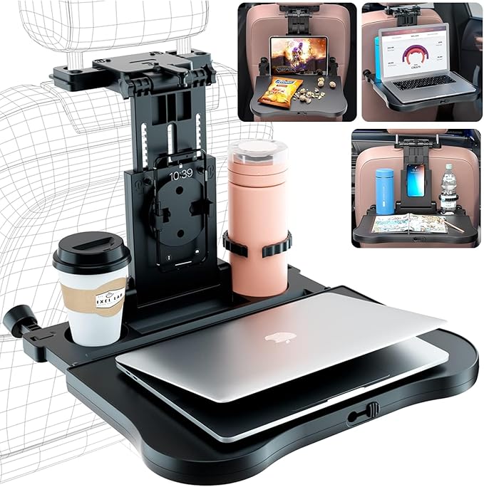 Car Back Seat Tray Table - Stable Foldable Auto Backseat Food Trays Desk for Rear Passenger Road Trip Eating & Work, Multifunctional Adjustable Travel Tray with Phone Drink Holder for Laptop iPad by EverywhereWeGo