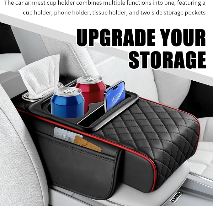 5-in-1 Car Center Console Cover,Leather Car Armrest Cover with Cars Tissue Holders/Cup Holder/Phone Holder/Storage Pocket,Thickened Cars Armrest Storage Box (Black/Red Stitching) - Image 6