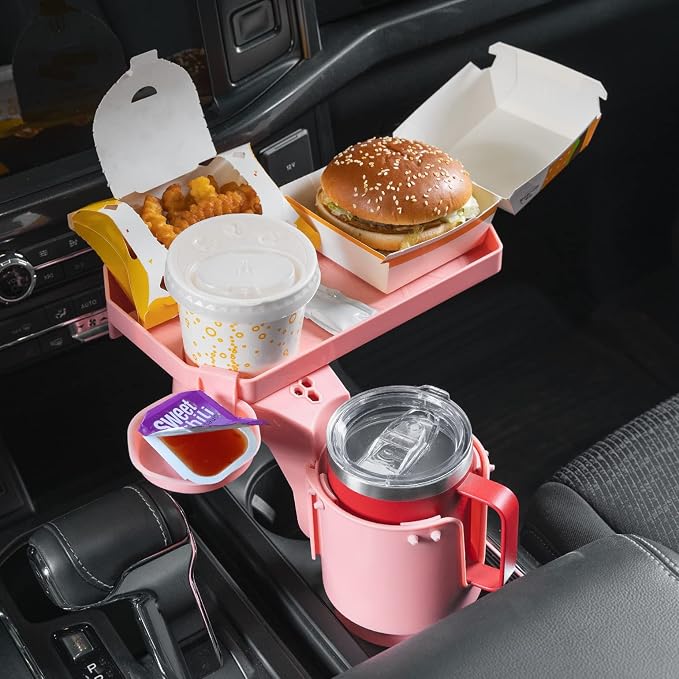 JoyTutus Cup Holder Tray for Car, Car Cup Holder Expander with 360°Rotation Tray, Large Cup Drink Holder Fit for Yeti/Hydro Flask, Detachable Food Tray Table, Pink Car Accessories by JoyTutus