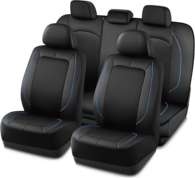 PIC AUTO Car Seat Cover, Pinping Leather and Mesh Seat Cover for Cars, Stylish Two-Tone Design Full Set Seat Covers, Breathable, Universal Fit,Comfortable and Durable SUVs, and Trucks(Blue) by PICAUTO