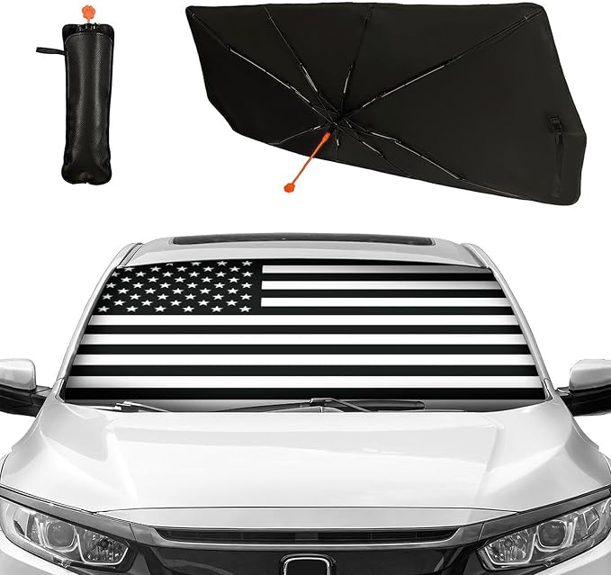 CHILL�TEK US Flag Car Windshield Sun Shade Umbrella, American Foldable Umbrella Sunshade for Front Window UV Reflector Protection Auto Shades Cover black 1,57x31 In by CHILL%C2%B7TEK