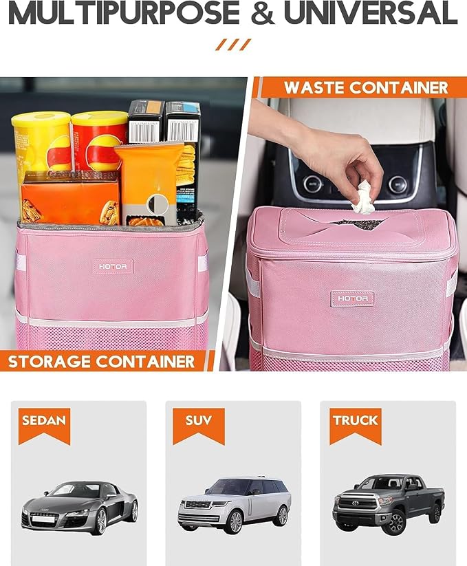 HOTOR Car Trash Can, Compact Waterproof Organizer, Leak-Proof Bin, 2-Gallon | Pink, Multifunctional Car Accessory with Adjustable Straps & Magnetic Snaps for Interior Car Storage - Image 5