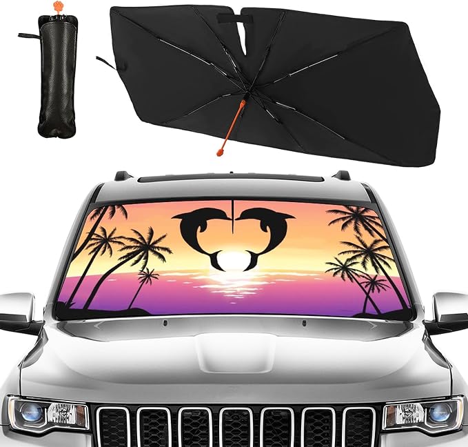 CHILL·TEK Funny Animal Car Windshield Sun Shade Umbrella, Dolphin Love Car Sun Shade Umbrella, Block UV Rays Heat Foldable Windshield Umbrella Sun Visor Protector - Keep Vehicle Cool for Cars SUV - Image 2