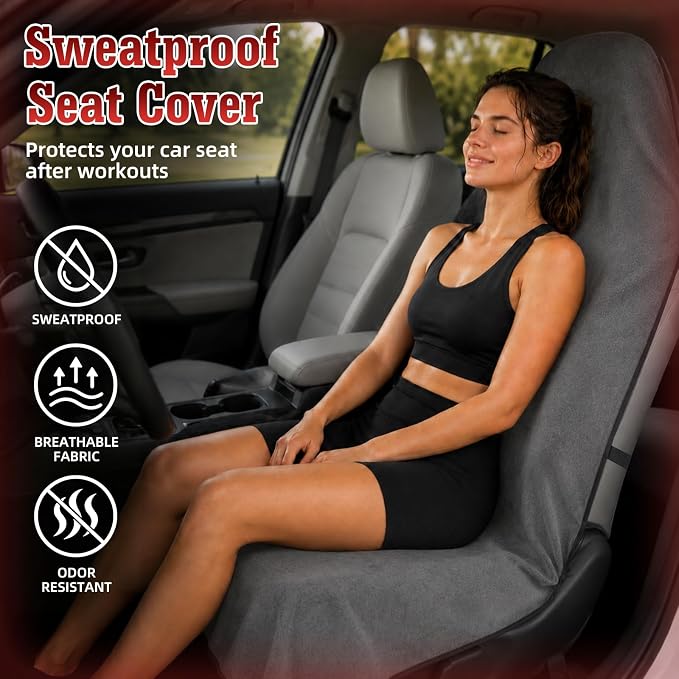 550g Heavy Duty Towel Car Seat Cover, Waterproof Sweat Protector for Post-Gym & Beach, Non-Slip Microfiber Bucket Seat Mat for Sedans SUV Minivans, Machine Washable (Gray, 1-Pack) - Image 2
