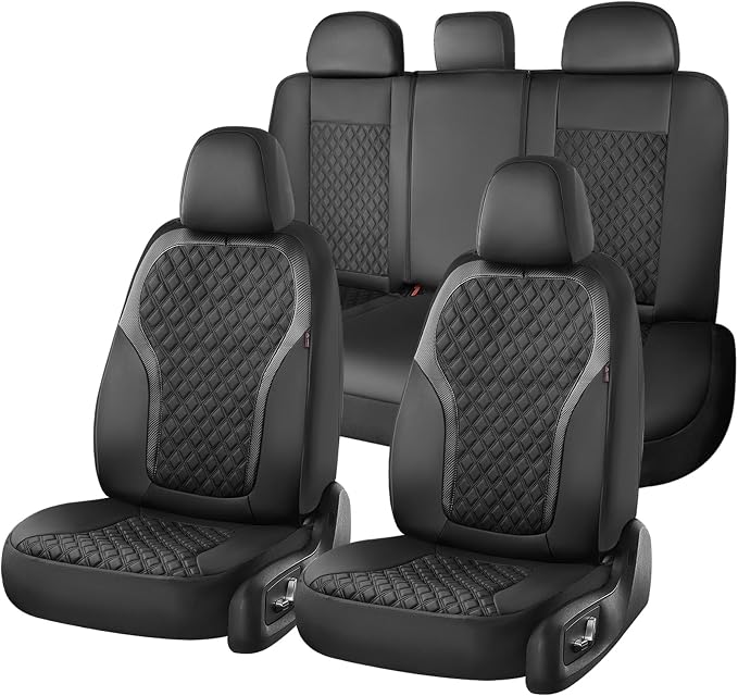 Coverado Seat Covers Full Set, Luxury Leather Car Seat Cover with Carbon Fiber Accents Design, Spill-Proof Durable Black Automotive Seat Covers, Front and Rear Seat Protectors Universal Fit Most Cars by COVERADOAUTO