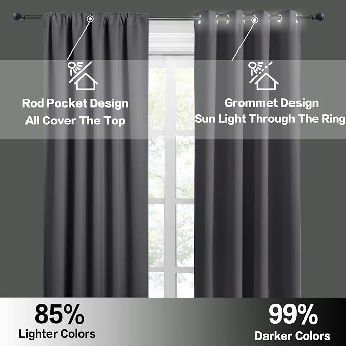 RYB HOME Extra Wide Blackout Curtains for Bedroom Living Room 63 inch Long | Thermal Insulated, Privacy, Drapes for Large Window, Triple-weave Fabric, For Better Sleep, W62 x L63, Grey, 2 Panels - Image 5