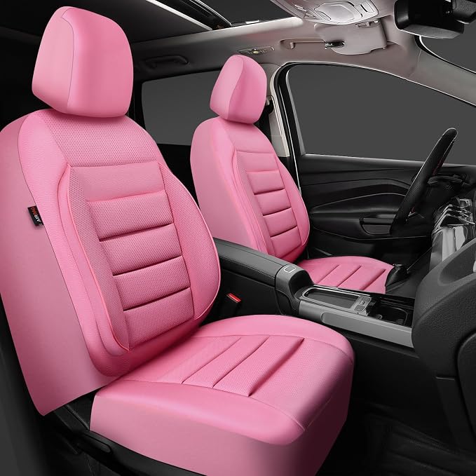 CAR PASS Pink Leather Seat Covers Full Set Universal Water Resistant 3D Foam Back Support, Luxury Comfort Automotive 5 Seat Covers for Women All Season Fit SUV,Sedan,Van, Airbag Compatible Pink - Image 2