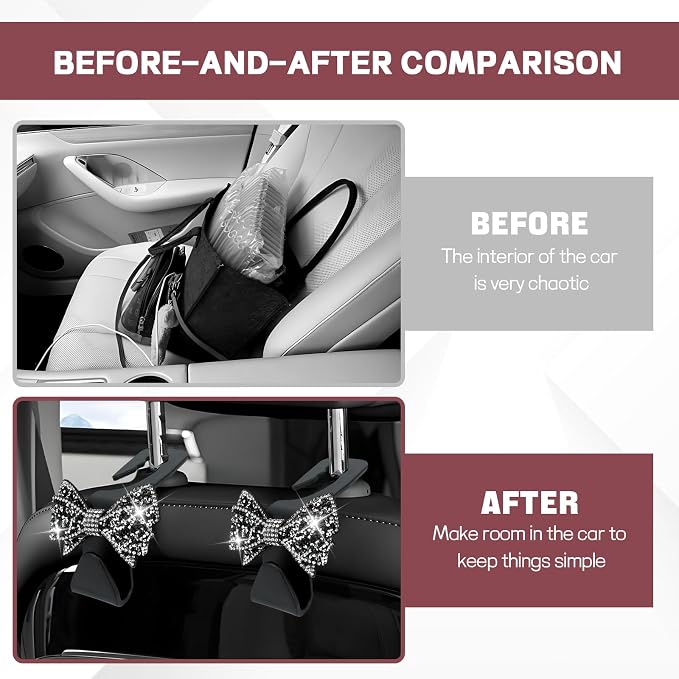 2PCS Bling Bow Car Seat Headrest Hook, Cute Bow Purse Hanger for Cars, Crystal Rhinestone Auto Seat Back Storage Hanging Hooks for Handbag Umbrella Coat Grocery Bags, Car Accessories (Black) - Image 4