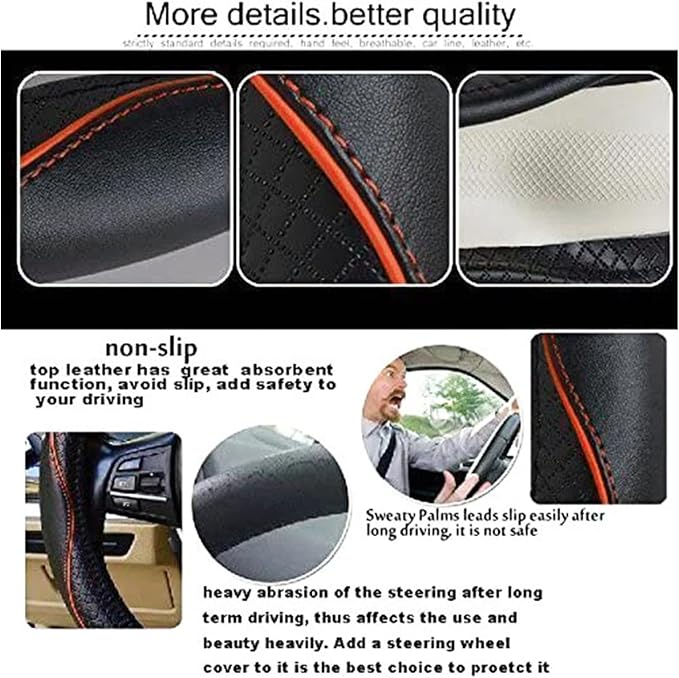 Car Steering Wheel Cover, Anti-Slip, Safety, Soft, Breathable, Heavy Duty, Thick, Full Surround, Sports Style (Black with Light Orange Line) - Image 5