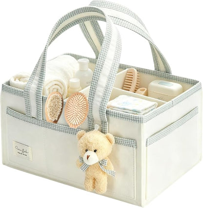 Portable Diaper Caddy Compatible with Skip Hop, Foldable Nursery Storage Tote with Removable Divider, Side Pockets & Cute Bear Pendant for Changing Table, Car & Home by Unknown