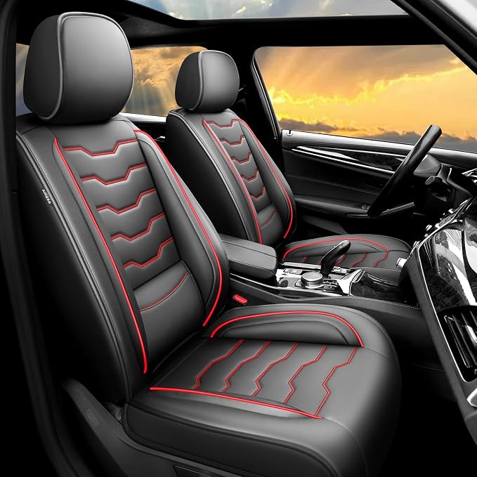 Fit Titan Car Seat Covers Premium Leather for Nissan Titan 2009-2023 2024. Waterproof， Breathable, Scratch-Resistant & All-Weather Seat Cushion Protector（Full Set,Red Line Black by Unknown