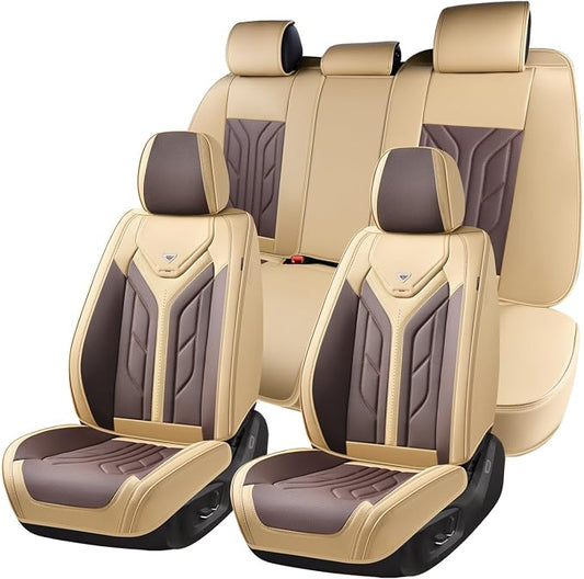 Coverado Car Seat Covers Full Set, Automotive Seat Covers Car Seat Protector Car Seat Cushion, Waterproof Leather Seat Covers for Cars, Universal Fit for Most Sedans SUV Pick-up Truck(Beige&Coffee) by COVERADOAUTO