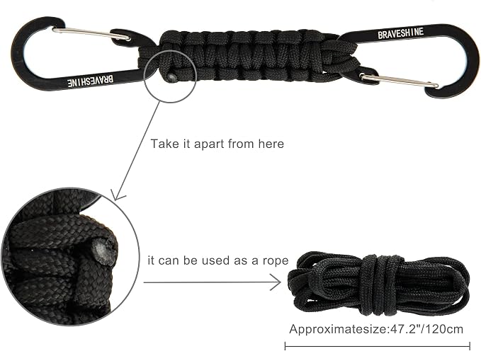 BRAVESHINE Paracord Keychain Carabiner Clip | D Ring Hanger Lanyard Hook | 7.3inch Long | for Stroller, Water Bottle, Key, Backpacks, Men, Women, Luggage, Car Seat Headrest, Fence, Bag Charms - Image 6