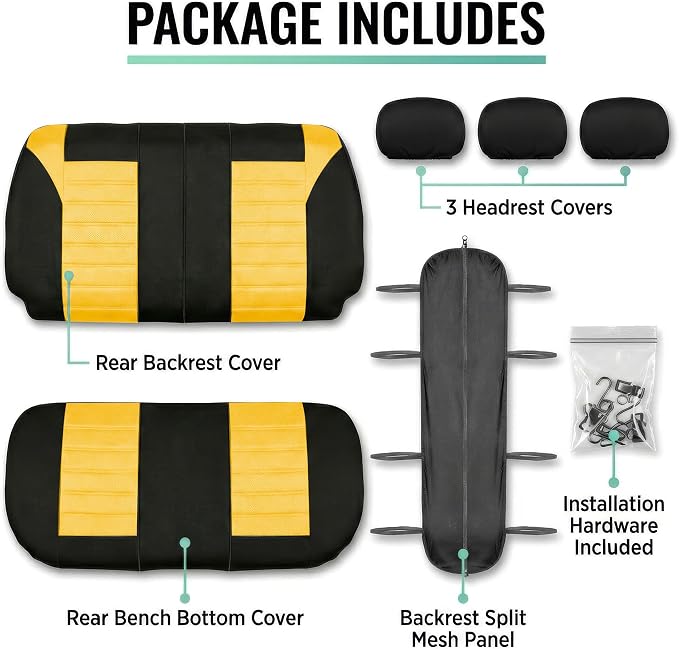FH Group Automotive Car Seat Covers Rear Set Premium 3D Air Mesh Seat Covers, Airbag Compatible and Split Bench Cover Universal Fit Interior Accessories for Cars Trucks and SUVs - Yellow - Image 5