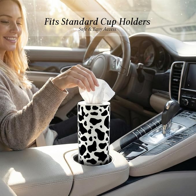Car Tissues Cylinder for Cup Holder - Refillable Round Tissue Canister with 2 Packs Tissues - Cow Car Decorations,Cow Cars Interior Accessories for Women & Men - Fits Most Auto Cup Holders (Cow Print) - Image 3