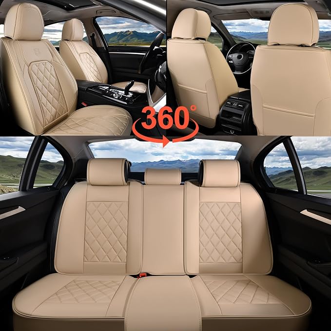 Coverado Car Seat Covers Full Set, Luxury Faux Leather Waterproof Seat Cover, 5 Seat Universal Seat Covers for Cars, Front and Back Car Seat Protector, Beige Leather Seat Cover Fit for Most Cars - Image 6