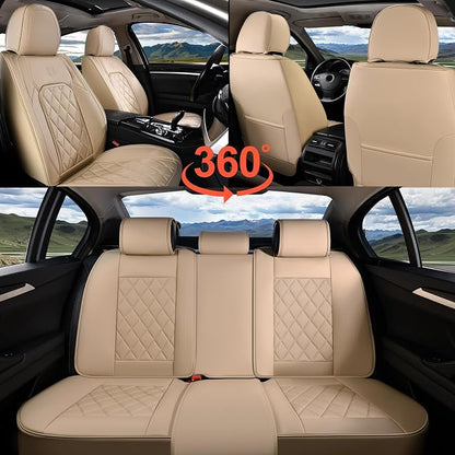 Coverado Car Seat Covers Full Set, Luxury Faux Leather Waterproof Seat Cover, 5 Seat Universal Seat Covers for Cars, Front and Back Car Seat Protector, Beige Leather Seat Cover Fit for Most Cars - Image 6
