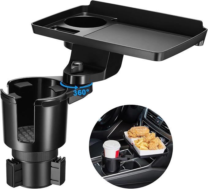 This Hill Cup Holder Tray for Car, 2 in 1 Detachable Car Food Table Tray with Solid Base & Phone Slot,Car Cup Holder Expander with 360°Rotation Tray for Travel Road Essentials by LightGripHeavyDuty