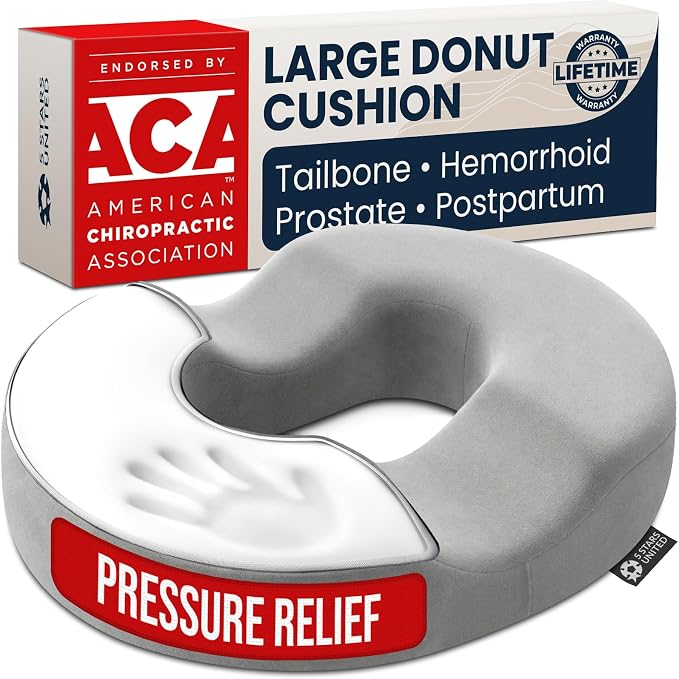 5 STARS UNITED Donut Pillow for Tailbone Pain & Hemorrhoids – Large Orthopedic Memory Foam Seat Cushion for Pressure Relief – Prostate, Postpartum, Pregnancy, Bed Sore, Premium Gray Suede by 5STARSUNITED