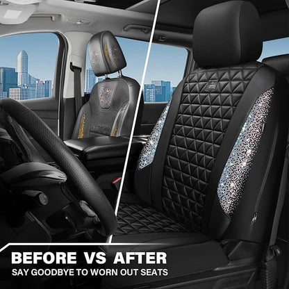 CAR PASS Bling Diamond Leather Car Seat Covers for 2 Front Interior Sets, Waterproof Shining Glitter Sparkly Crystal Universal Armrest Automotive Truck SUV Cute Women Girl, Black Multicolor Rhinestone - Image 4