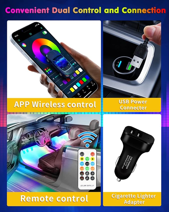 RGB 72 LED Interior Car Strip Lights with Smart APP Control, 2 Lines Design | Music Sync Under Dash Footwell Neon Internal Lighting,12V LED Strip Lights for Cars, Trucks, SUVs with Car Charger(1 Set) - Image 5