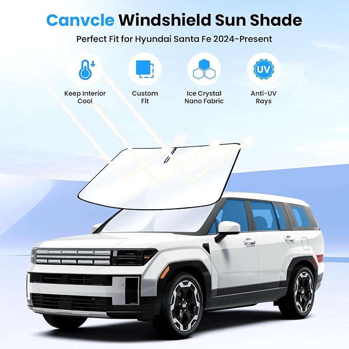 Canvcle Windshield Sun Shade for 2024-2025 2026 Hyundai Santa Fe Accessories Upgraded Double-Layer Front Window Sunshade Cover Sun Visor Protector Foldable Block UV Rays Keep Vehicle Cool - Image 2