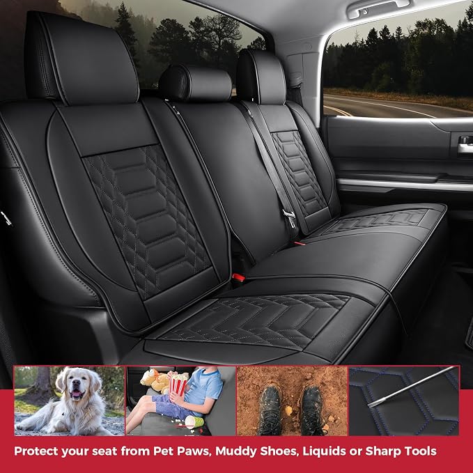 FREESOO Custom Leather for Toyota Tundra Seat Covers 2007-2013 Crewmax Cab | Fit for Crewmax Cab 5 Seats, Full Set, 60/40 Split Bench, Faux Leather, for Truck Toyota Tundra Accessories, Black - Image 6