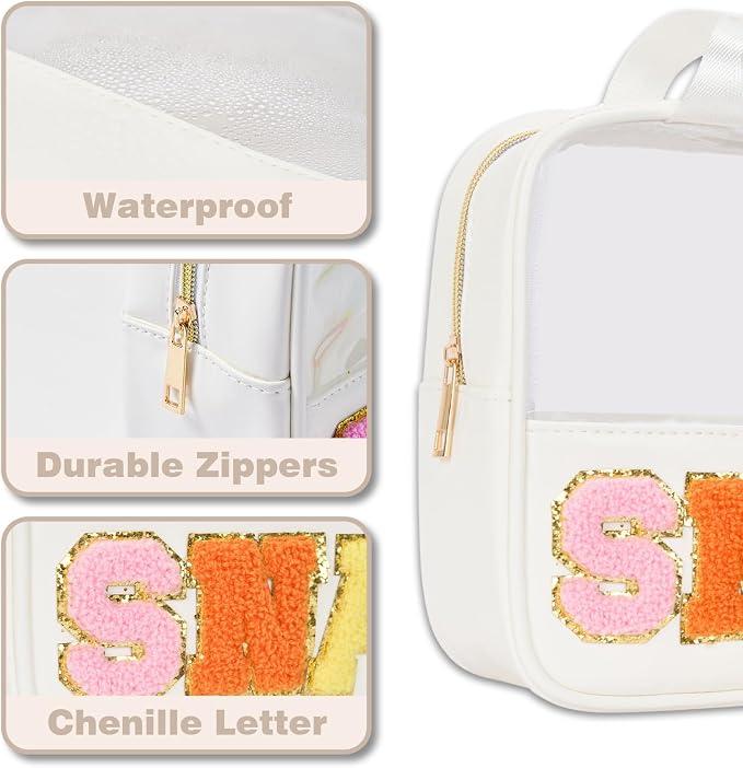 Snacks Bag Clear Chenille Varsity Letter Zipper Pouch Travel Makeup Bag Aesthetic Storage Organizer Pouches for Women with Glitter Patch Letters - Image 3