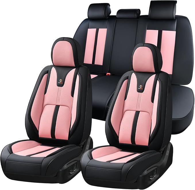 Huidasource Seat Covers Full Set Luxury Nappa Leather, Seat Covers with Velcro Adjustable, Airbag, Lumbar Support, Cooling＆Heating, Car Seat Cover Set Universal Fit for Most Cars SUV Trucks Black＆Pink by Huidasource