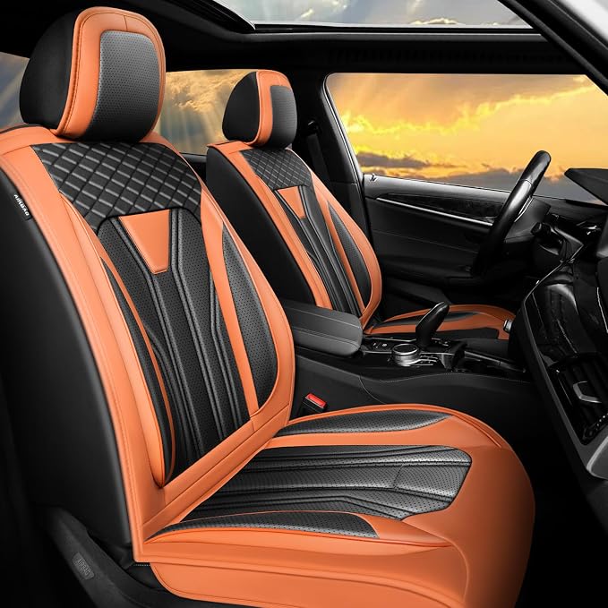 Fit Sentra Car Seat Covers Premium Leather for Nissan Sentra 2008-2025 2026. Waterproof， Breathable, Scratch-Resistant & All-Weather Seat Cushion Protector（Full Set,Orange&Black by Unknown