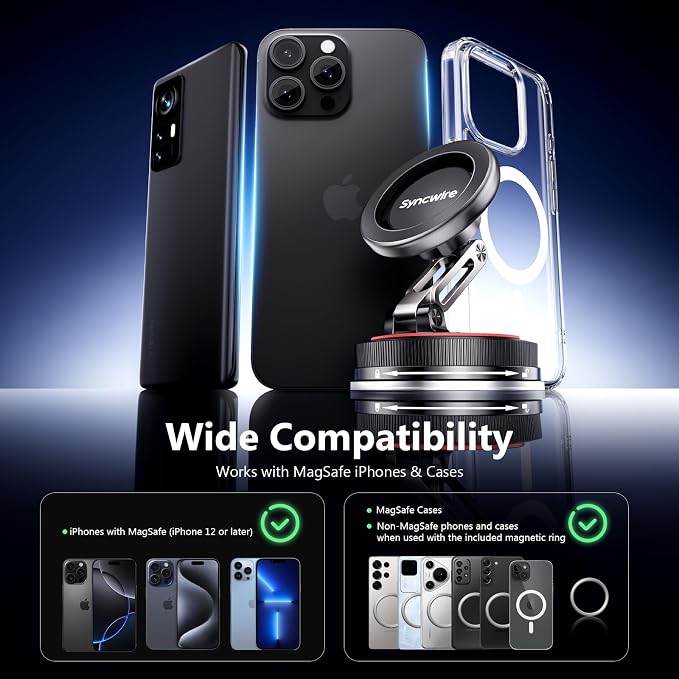 SYNCWIRE for MagSafe Car Mount [2-Axis Design] Nano Adhesive Gel + Suction Cup Magnetic Phone Holder for Dashboard & Windshield, 360° Adjustable for iPhone 17 16 15 14 13 12 11, Samsung, Matte Black - Image 4
