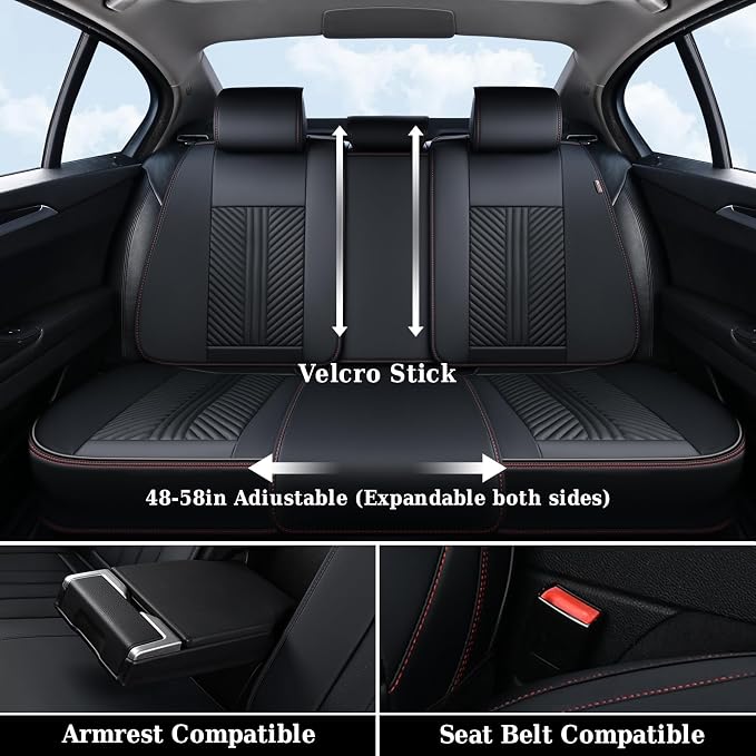 Coverado Car Seat Covers Full Set, 5 Seats Leather Seat Covers for Cars, Waterproof Front and Rear Car Seat Protectors Cushions Universal Fit Most Vehicles (Black) - Image 4