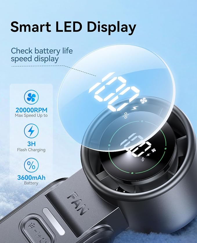 KIMMOO 3-in-1 Portable Handheld Turbo Fan-100 Speeds,Powerful 20000 RPM, 12Hrs Cooling, LED Display, 120° Rotation, USB Rechargeable Mini Hand Held Personal Fan for Travel Makeup Outdoor Indoor, Black - Image 6